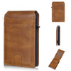 A brown men's PU leather RFID blocking card holder wallet shown with separate components.