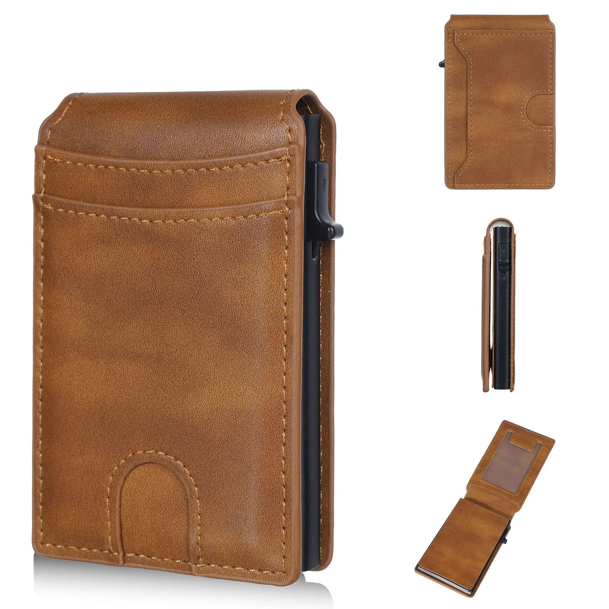 A brown men's PU leather RFID blocking card holder wallet shown with separate components.