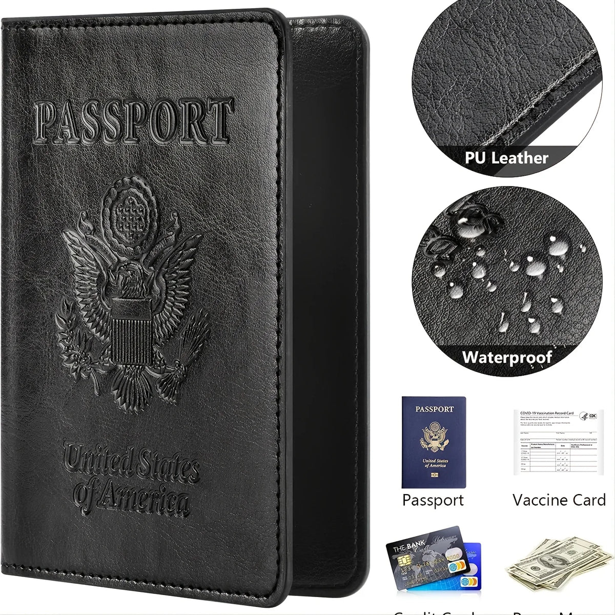 Black PU leather passport holder wallet with an eagle emblem and waterproof features