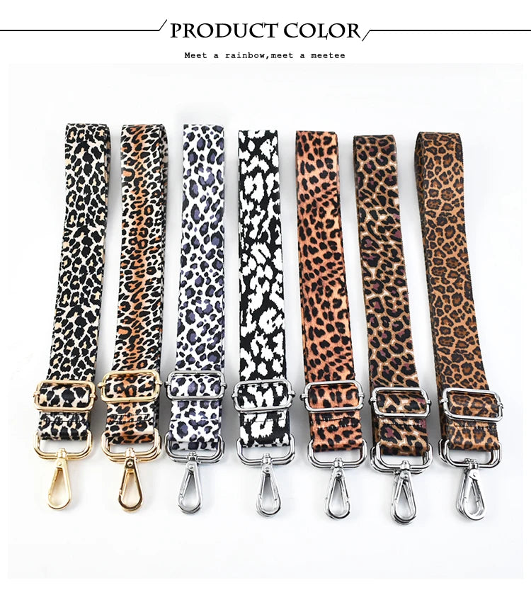 A collection of leopard print adjustable crossbody straps in various shades and patterns.