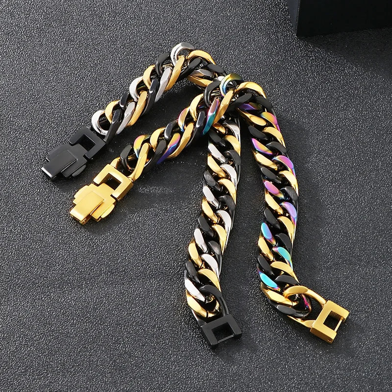 A close-up of a chunky Cuban link bracelet featuring gold and black metal links.
