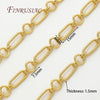 A close-up view of a gold-colored jewelry chain with various links and measurements for crafting.