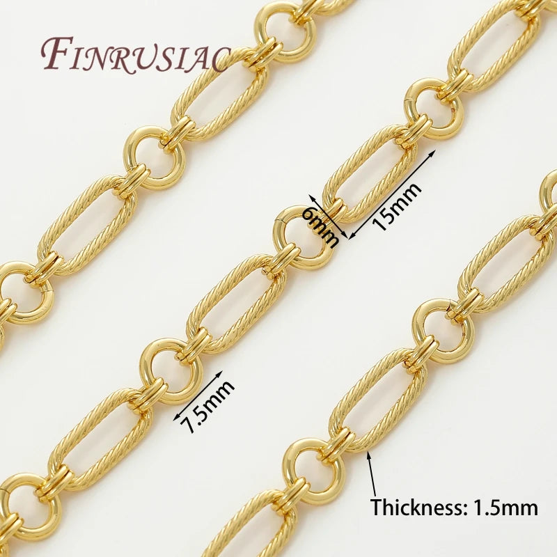 A close-up view of a gold-colored jewelry chain with various links and measurements for crafting.