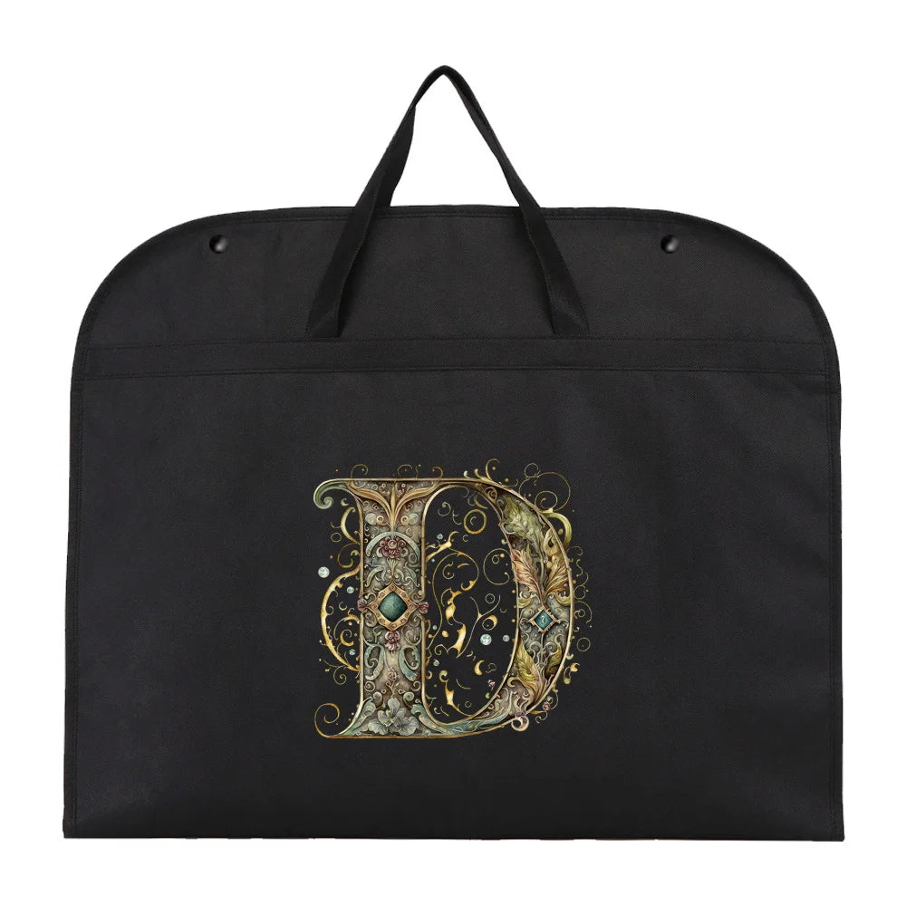Black fabric dust cover and storage bag with a gold initial D design