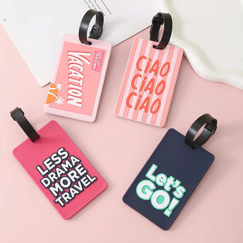 Pink and dark blue silicone letter luggage tags with travel and vacation messages