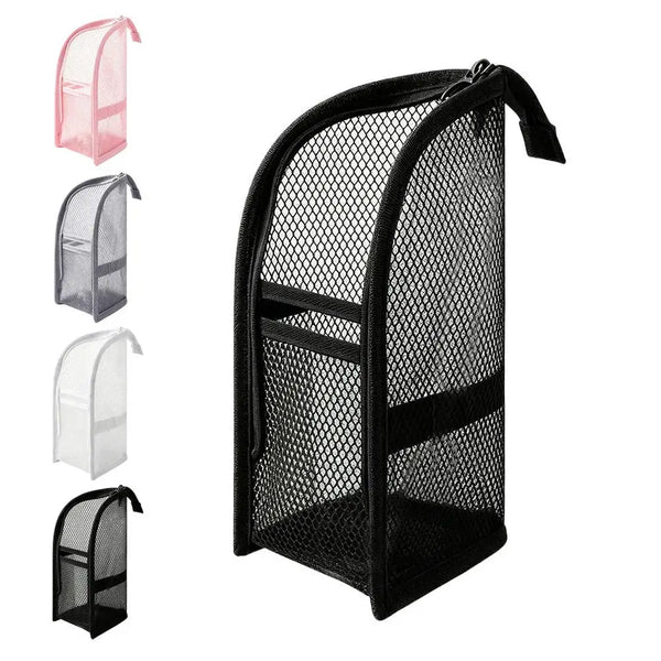 A black travel mesh cosmetic bag with a handle and various color options shown vertically.