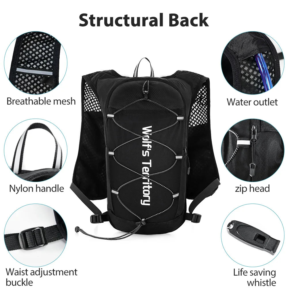 Structural back of a black hydration running vest showing breathable mesh, nylon handle, waist adjustment buckle, water outle