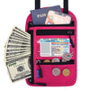 A pink RFID blocking travel passport holder containing a driver's license, ID, and cash.