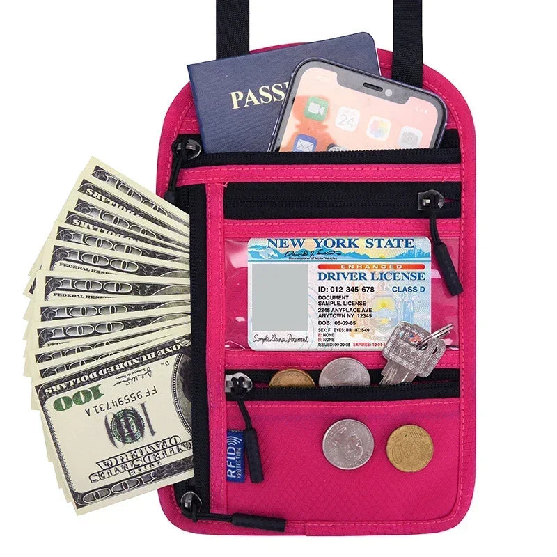 A pink RFID blocking travel passport holder containing a driver's license, ID, and cash.