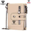 A beige leather bifold wallet with a silver clasp and zipper details, featuring an embossed panther logo.