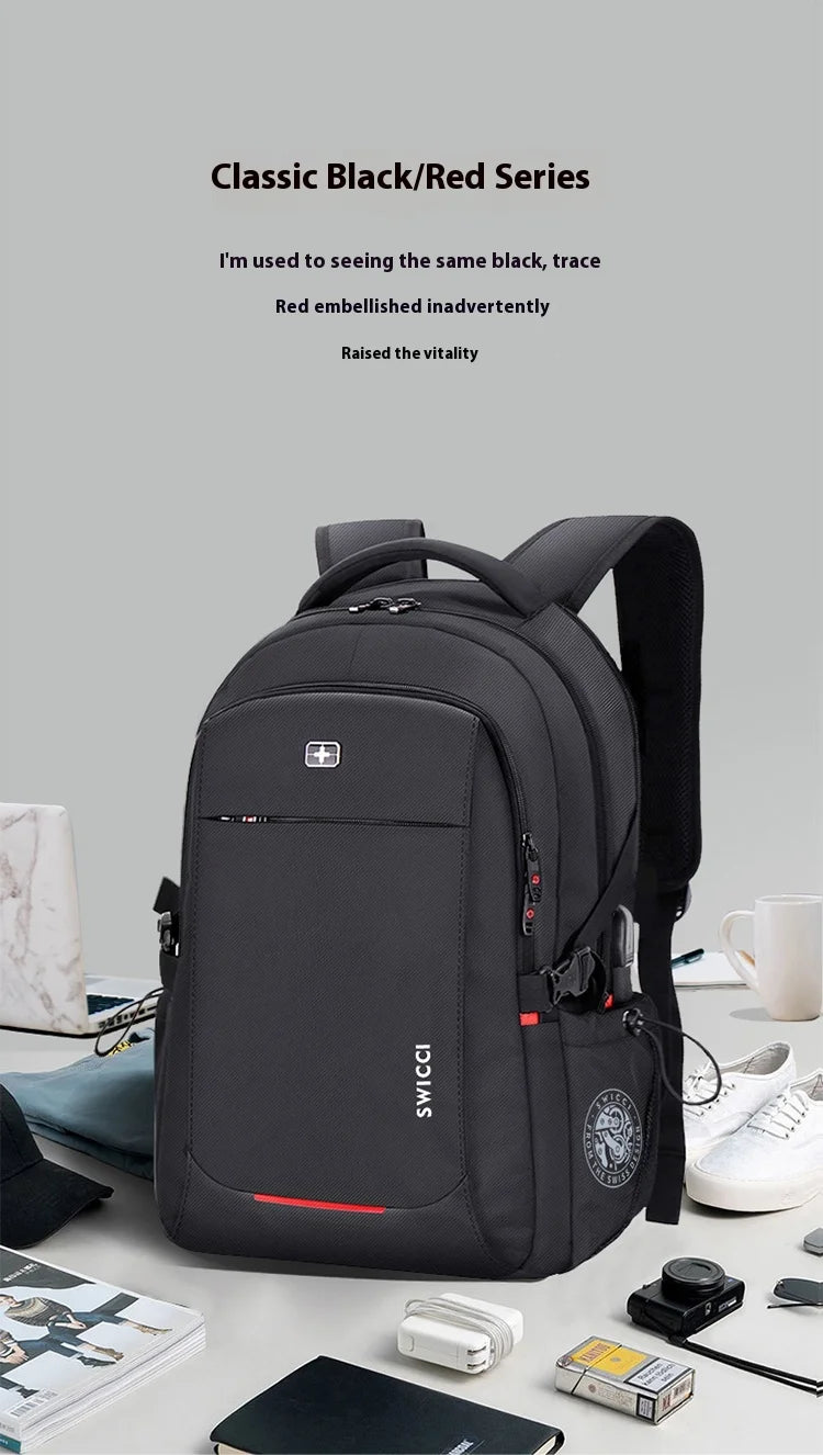 Sac à dos d'ordinateur portable noir suisse anti-vol sur fond gris clair.