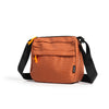 A brown checkered water resistant crossbody shoulder bag with black straps.