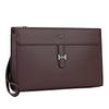 A dark brown men's PU leather clutch bag with a silver logo and a leather strap.