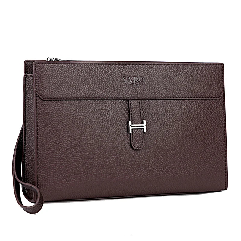 A dark brown men's PU leather clutch bag with a silver logo and a leather strap.