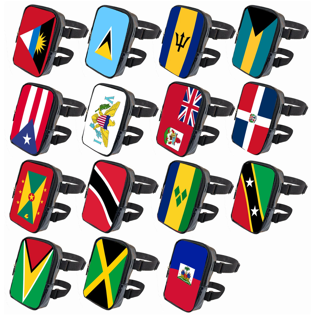 A collection of colorful adjustable PU waist pouches featuring various national flags and designs for carnival and festival w