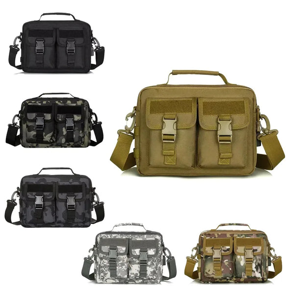 A collection of tactical multifunction fanny packs in black and olive green camouflage patterns.