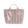 A classic striped tote bag featuring vertical pink and green stripes with abstract white paint splatters.