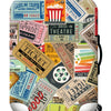 A suitcase with a colorful, patterned protective cover featuring various ticket stubs and coupons.