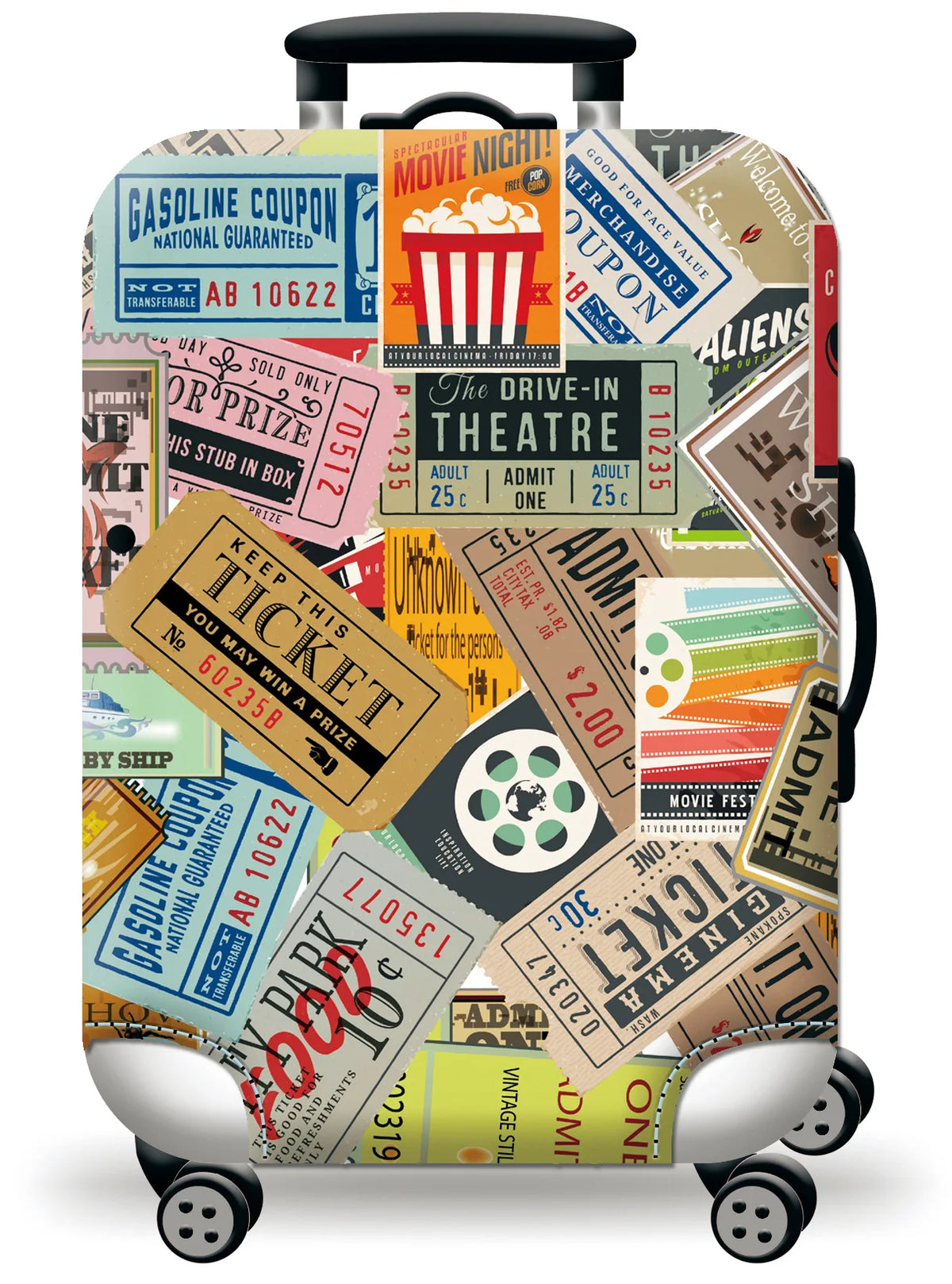 A suitcase with a colorful, patterned protective cover featuring various ticket stubs and coupons.
