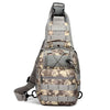 A tactical sling backpack in camouflage pattern with gray accents, shown from the back.