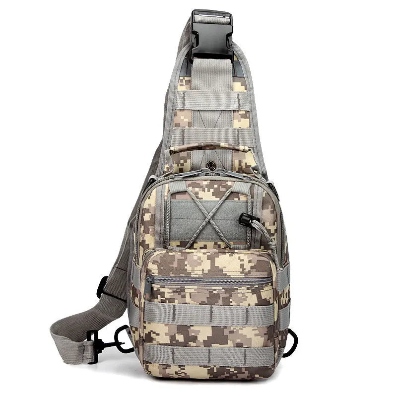 A tactical sling backpack in camouflage pattern with gray accents, shown from the back.