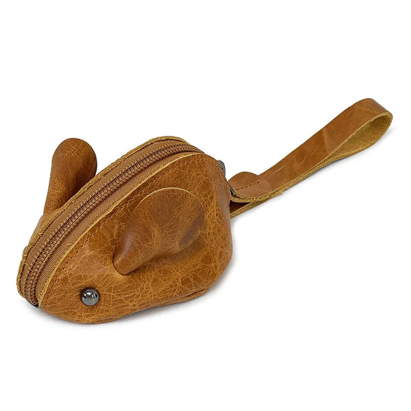 A vintage cartoon mouse leather coin purse in brown leather with a strap.