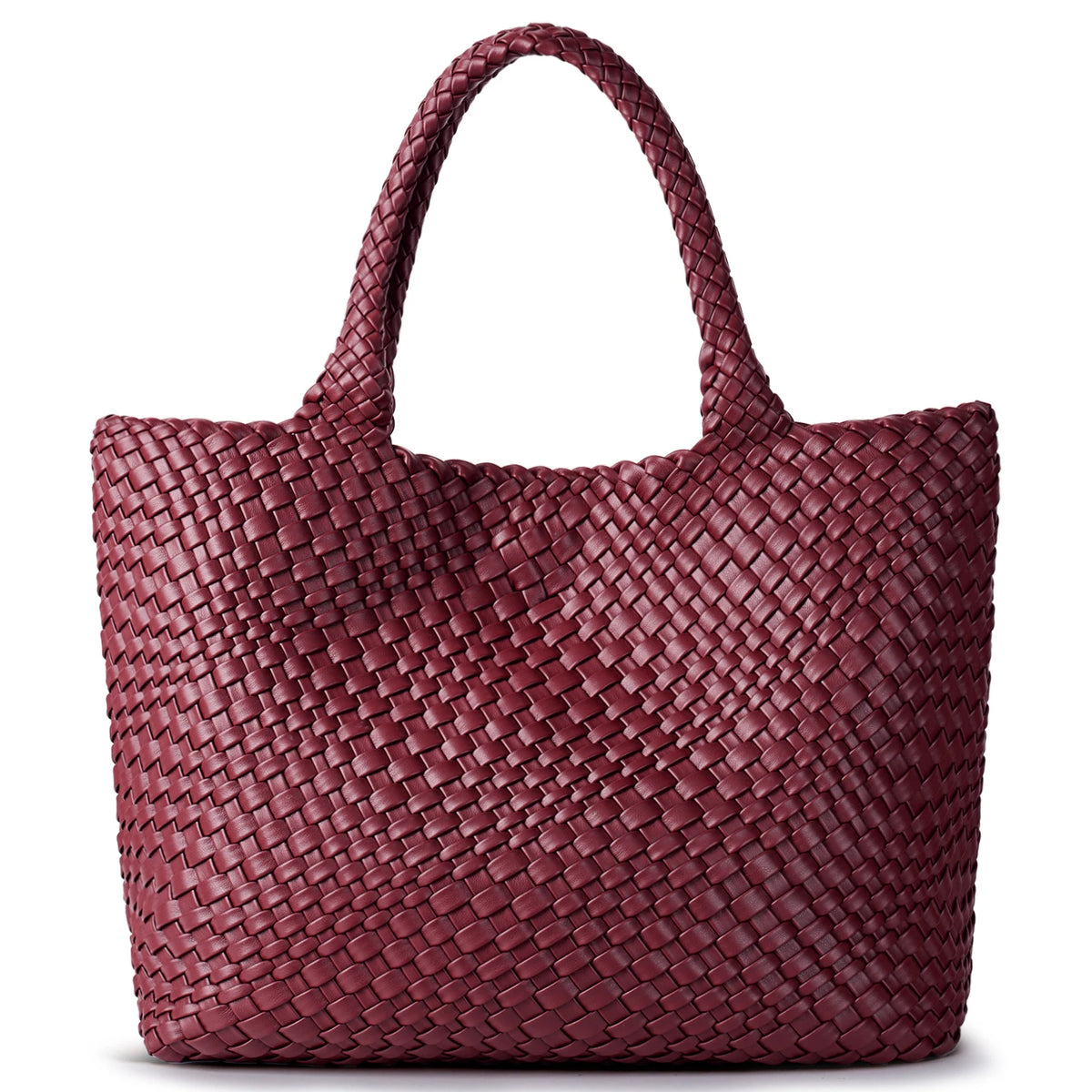 A deep burgundy handwoven vegan leather tote bag with a woven texture.