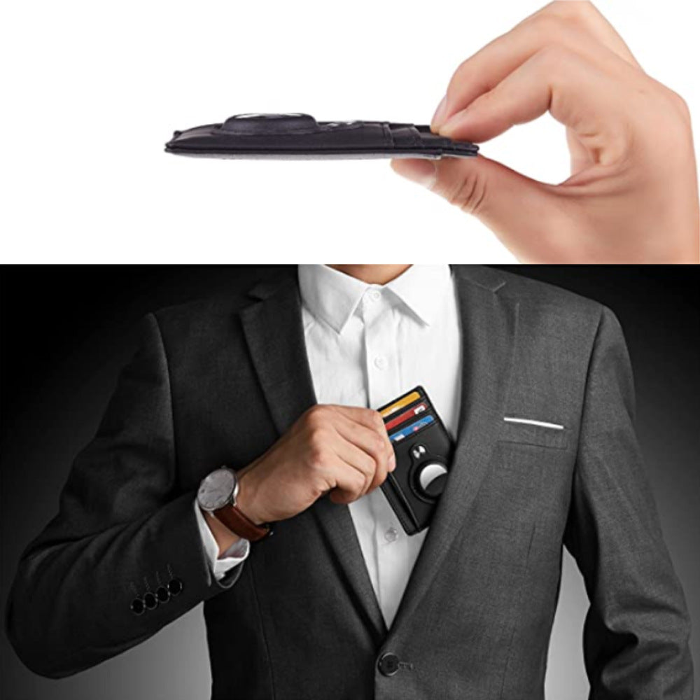 A hand holds a black RFID blocking card holder wallet against a dark suit jacket.