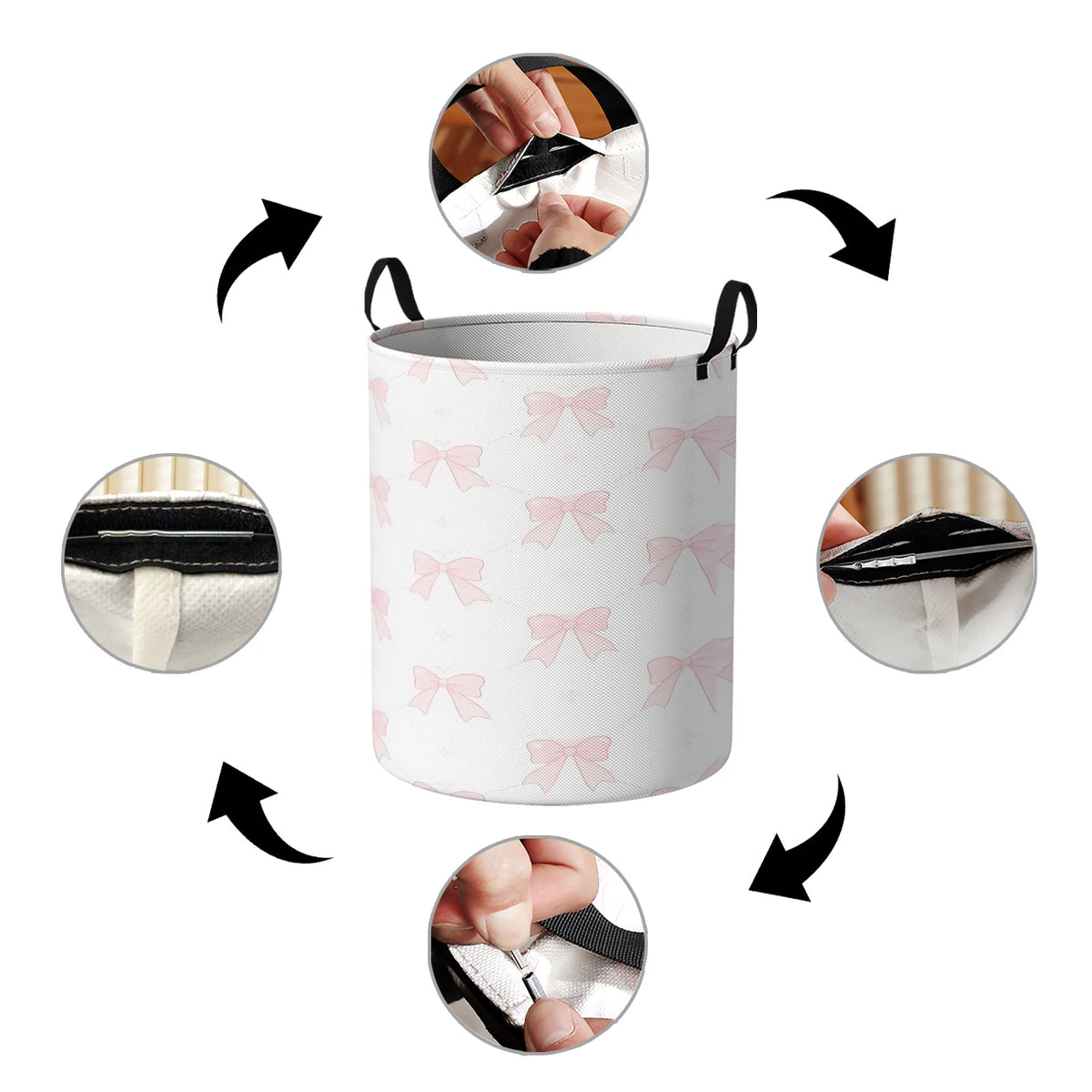 A pink foldable storage basket shown with various angles demonstrating its features and folding mechanism.
