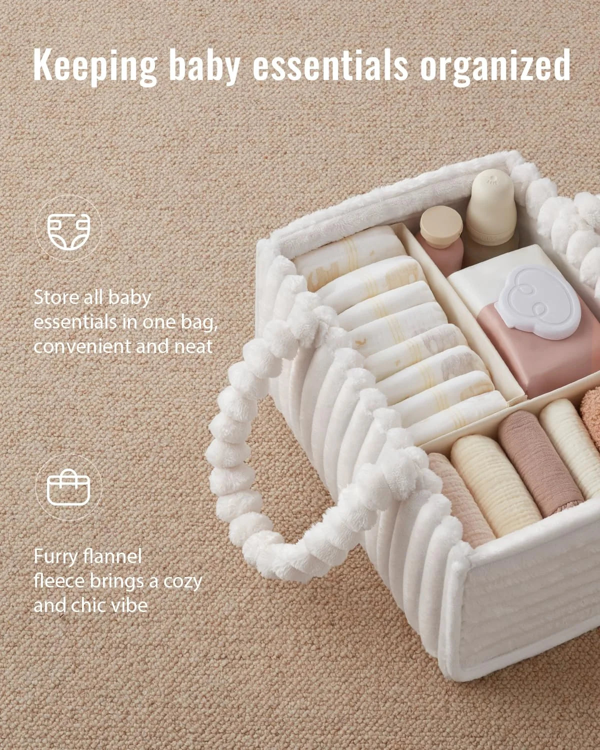 A white flannel diaper caddy organizer filled with baby essentials like diapers and creams.