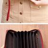 A red PU leather zipper clutch wallet is shown open, displaying various cards and a phone slot.