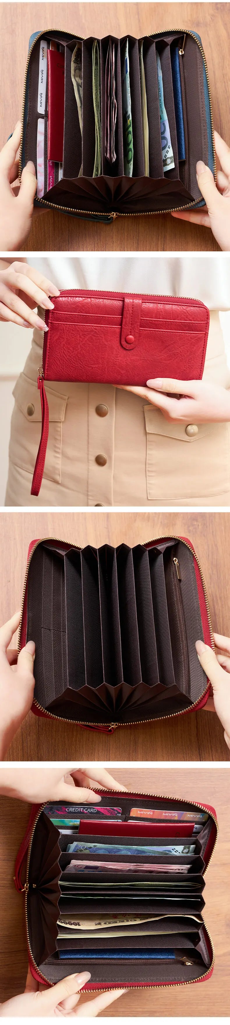 A red PU leather zipper clutch wallet is shown open, displaying various cards and a phone slot.