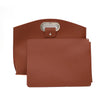 A brown leather laptop briefcase with a silver clasp and a separate sleeve.