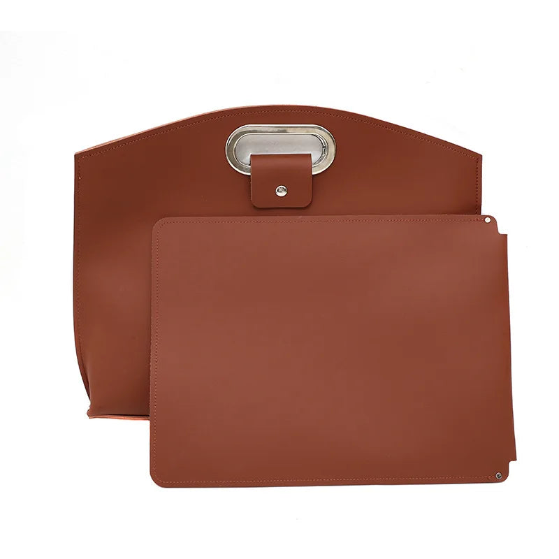 A brown leather laptop briefcase with a silver clasp and a separate sleeve.