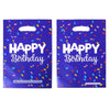 Two blue party gift bags with white text saying HAPPY BIRTHDAY and colorful confetti inside