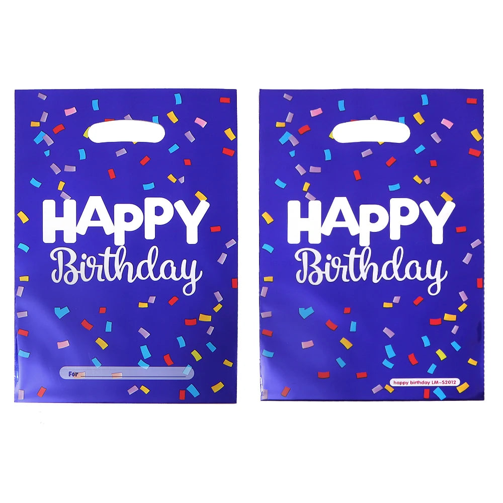 Two blue party gift bags with white text saying HAPPY BIRTHDAY and colorful confetti inside