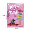 A pink passport cover featuring a 'I love to travel' design with labels for various cities like New York, London, Paris, and 