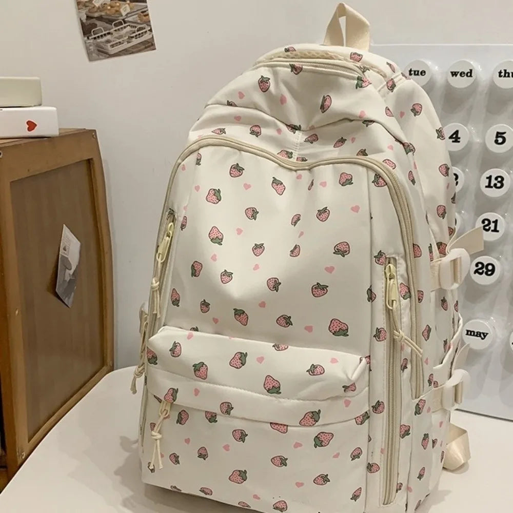 Mochila blanca con estampado floral de fresas rosas y múltiples bolsillos.