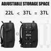 Black adjustable storage space backpack shown with size comparison and dimension.