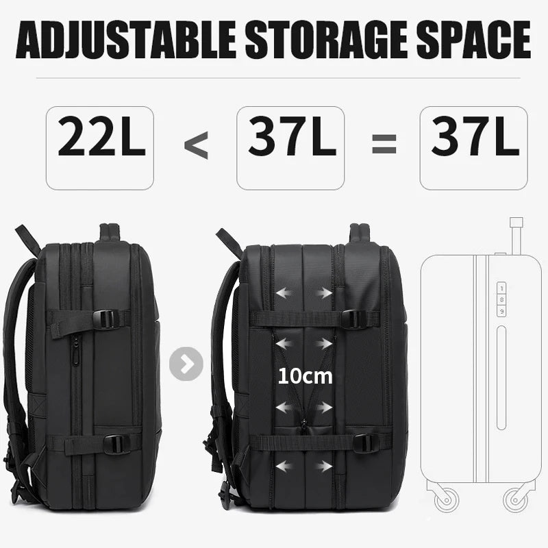 Black adjustable storage space backpack shown with size comparison and dimension.