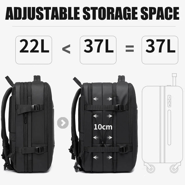 Black adjustable storage space backpack shown with size comparison and dimension.