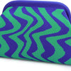 A purple and green striped knit clutch bag shown from the side.