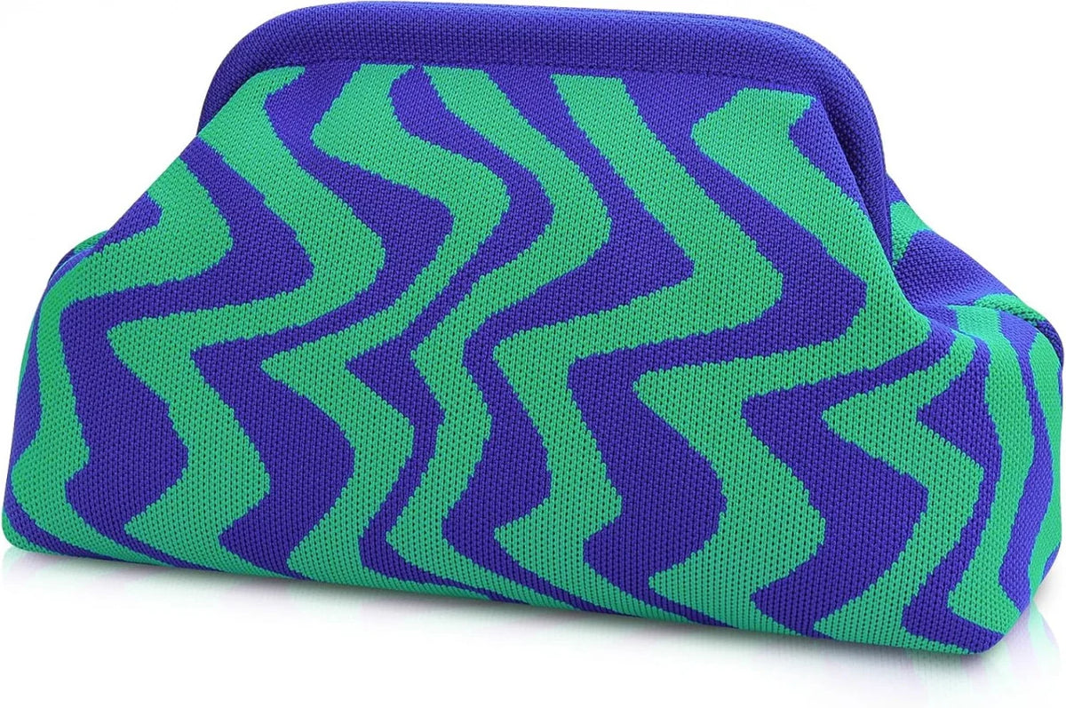 A purple and green striped knit clutch bag shown from the side.