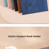 A collection of classic and practical passport holders in various shades of blue, gray, and brown leather.
