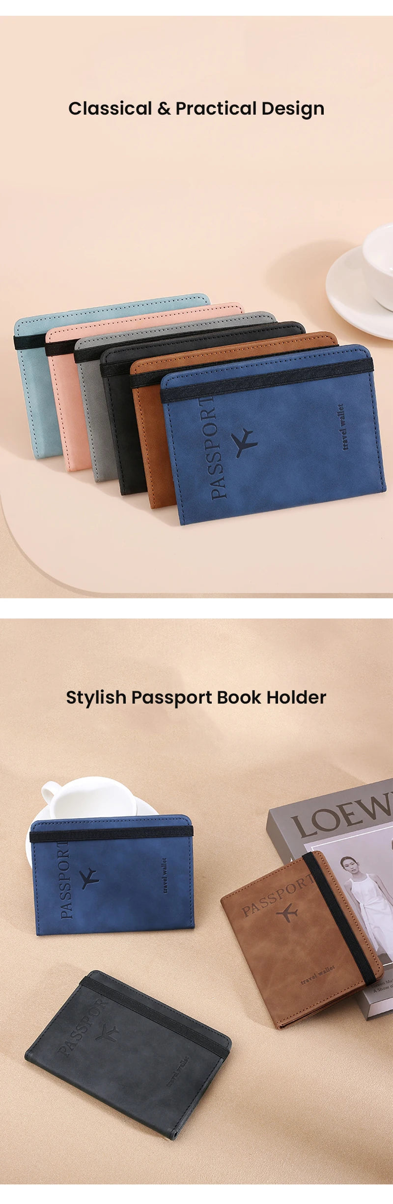 A collection of classic and practical passport book holders in various colors, including blue, black, and beige.