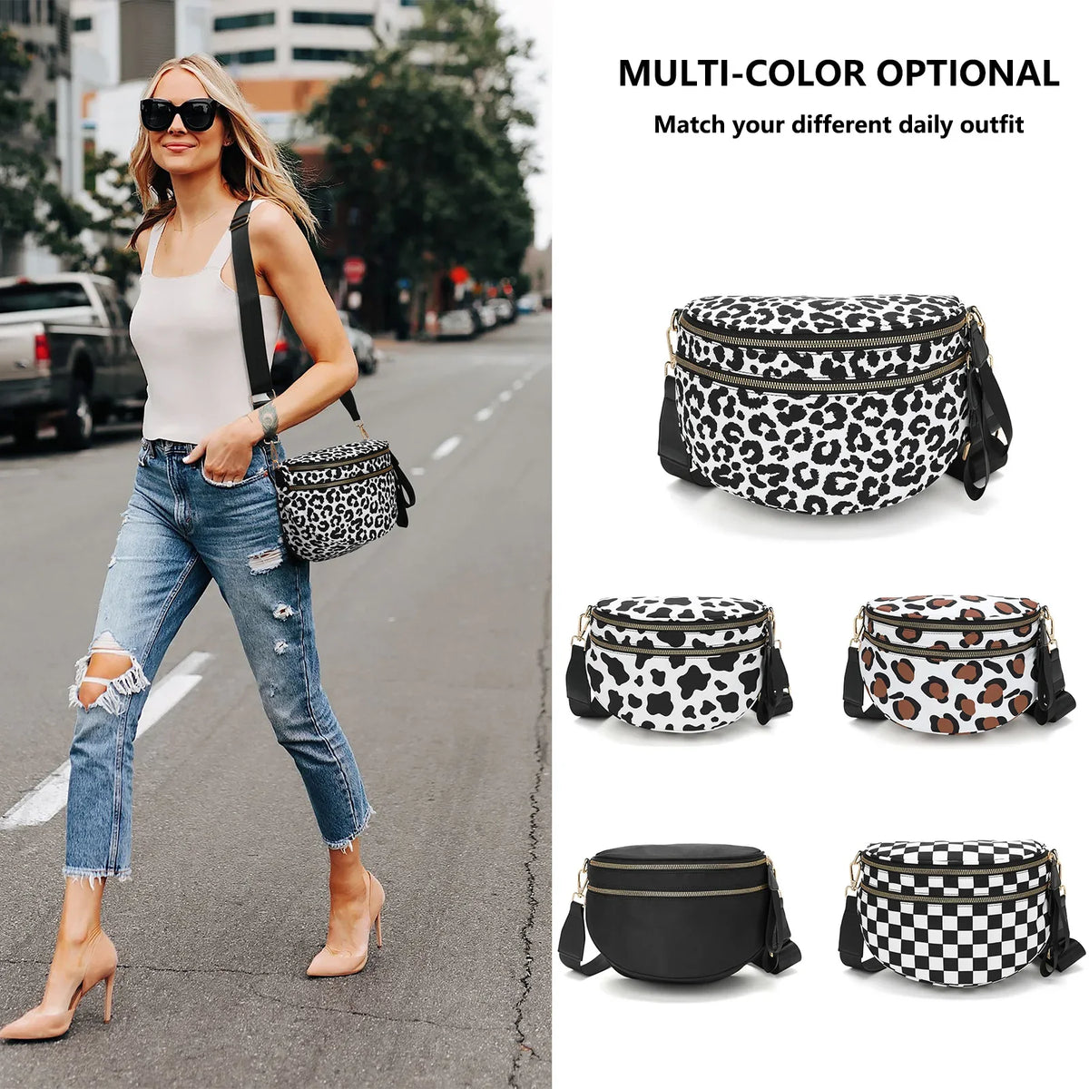 Kollektion von optionalen karierten Crossbody-Taschen in schwarz-weiß mit Leopardenmuster.