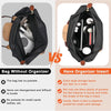 Comparison showing a black bag without an organizer versus a black bag with a felt organizer insert.