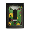 A slim aluminum metal ID card wallet with a green and yellow camouflage pattern and a silver slide mechanism.