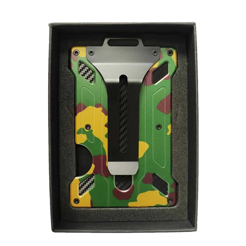 A slim aluminum metal ID card wallet with a green and yellow camouflage pattern and a silver slide mechanism.