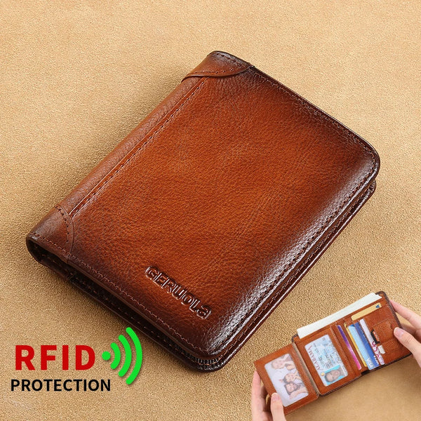 A brown genuine leather wallet is shown open on a beige background with an RFID protection graphic.
